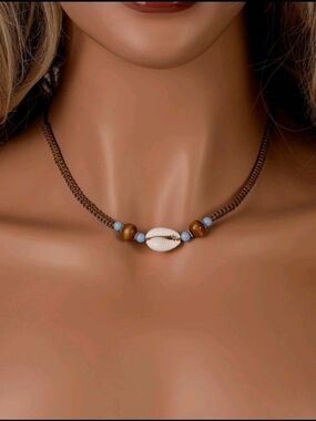 Handmade Shell & Bead Choker Necklace in White, Brown, and Light Blue